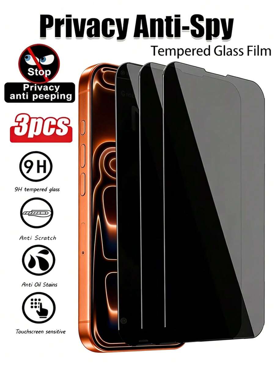 3pcs 17 Pro Max Privacy Anti-Peeping Tempered Glass Screen Protector - Black - View 1
