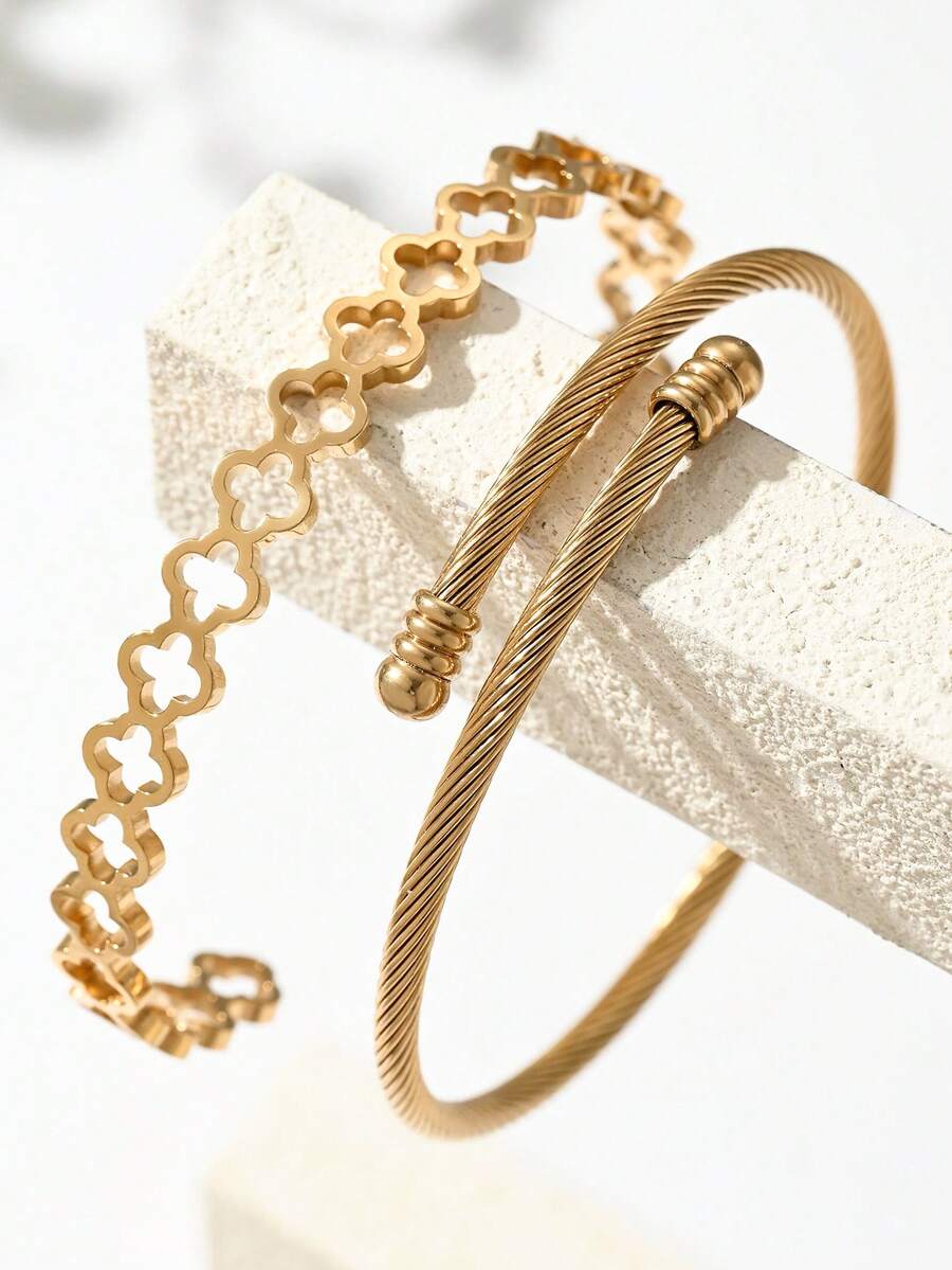 2pcs Fashionable Stainless Steel Adjustable Bangle Bracelet Set, Suitable For Party, Gathering And Daily Wear - Yellow Gold - View 1
