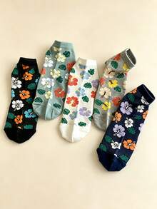 6 pares de calcetines tobilleros para mujer con estampado de flor de loto, calcetines cortos finos, transpirables y cómodos, con elástico, de patrón floral tropical de alta calidad para uso diario, primavera/verano - Multicolor - Ver 2