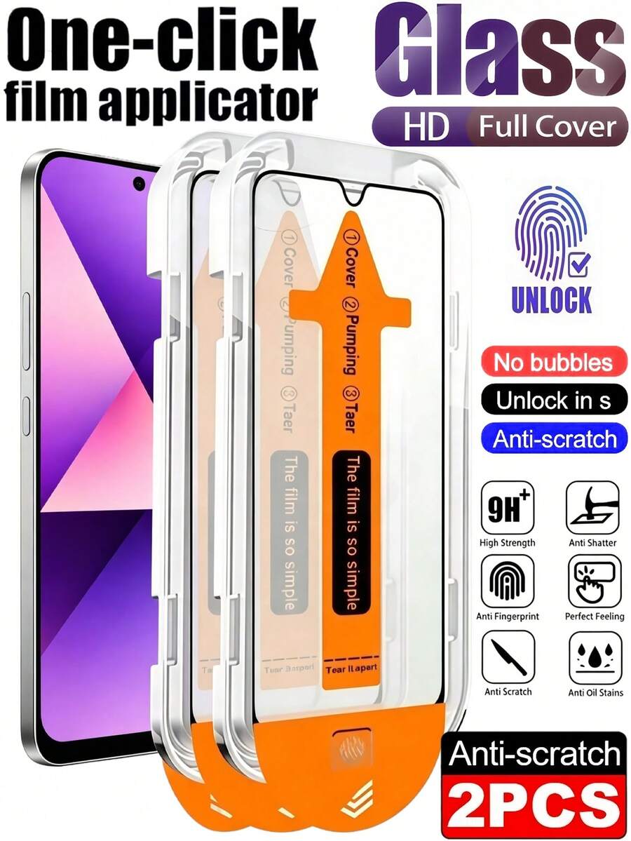 2片超高清鋼化玻璃膜 全覆蓋 防塵 一鍵安裝對位框 適用於 Galaxy S26 S25 S24 Ultra FE A57 A56 A55 A37 A36 A17 A06 A07 9H+ 硬度 絲網印刷 無塵 防爆 耐刮 手機螢幕保護膜 無氣泡 平滑 疏油層 自動吸附 易安裝 支援指紋辨識