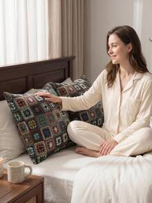 1pc Multicolor Jacquard Plaid Pattern Velvet Pillowcase (Pillow Insert Not Included), Bohemian Style Cushion Cover, Soft & Comfortable Velvet Pillow Sham, Suitable For Sofa, Couch, Bedroom And Bedding Decorative Throw Pillow, All Season - Dark Green Checkered - View 5