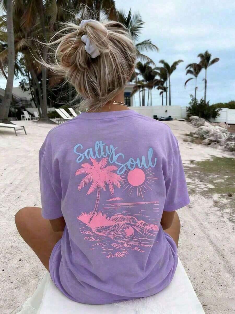 2026 Tropical Vacation Outfits2026 New Arrival Women's High Quality Salty Soul Graphic T-Shirt, Premium Cotton Vintage Washed Oversized Tee With Palm - 淡紫色 - 查看 1