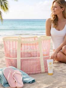 Orange Mesh Beach Tote Bag With Zipper Pocket, Large Capacity Transparent Net Grid Shopping Bag, Lightweight Summer Pool Travel Handbag, Can Hold Towel, Sunglasses, Sunscreen, Casual Holiday Picnic Gym Daily Use Tote - Multicolor - View 12
