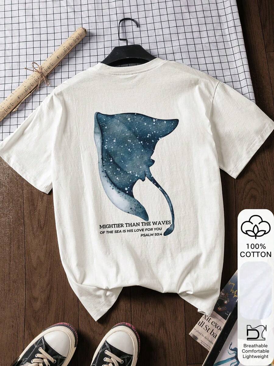 Women's Casual Blouse, 100% Cotton, Short Sleeves, With Marine Life Prints, Soft Fabric, Graphic Tee, Summer Tee, Vacation Outfit, Travel Wear, Style - 白色 - 查看 1