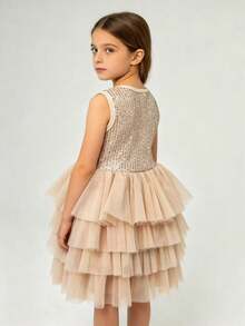 Đầm dự tiệc cổ tròn đính sequin và lưới cho bé gái - Rượu sâm banh - Xem 2