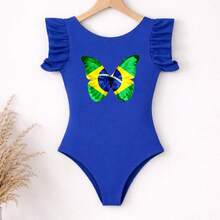 Girls' Butterfly Bodysuit, Brazil World Cup Mini Fan Outfit, Delicate Children's Clothing With Ruffled Sleeves, World Cup Blogger Look - 藍色 - 查看 6