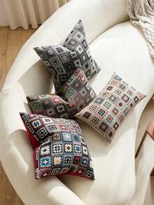 1pc Colorful Jacquard Plaid Pattern Velvet Throw Pillow Cover (Pillow Insert Not Included), Bohemian Style Cushion Cover, Soft & Comfortable Velvet Pillowcase, Suitable For Sofa, Couch, Bedroom, Bed Decor, All Seasons - Dark Red Checkered - View 8