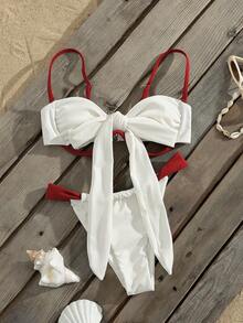 2026 Damen sexy elegantes Bikini-Set mit Knoten, rückenfreiem Ausschnitt, Hohlmuster, Kontrastfarben, Spaghettiträgern für den Strandurlaub, Weiß - Weiss - Übersicht 1