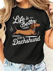 T-shirt à manches courtes pour femme, imprimé teckel, style décontracté américain minimaliste. - Noir - Voir 7
