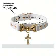 1pc Adjustable White PU Leather Pet Collar With Crystal Cross Pendant, Gothic Style Suitable For Small/Medium Dogs & Cats - White - View 6
