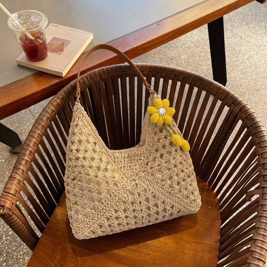 花卉装饰镂空编织手提袋,大容量沙滩草编包,适合度假 - 米色 - 查看 1