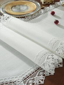 Chemin de table 100% polyester blanc unicolore, bordure en dentelle crochetée ajourée en forme d'éventail double face avec pompons blancs suspendus, écharpe de table décorative minimaliste et élégante pour table à manger, table de thé, console, buffet, mariage, style ferme, décoration de la maison et de la cuisine - Blanc - Voir 8