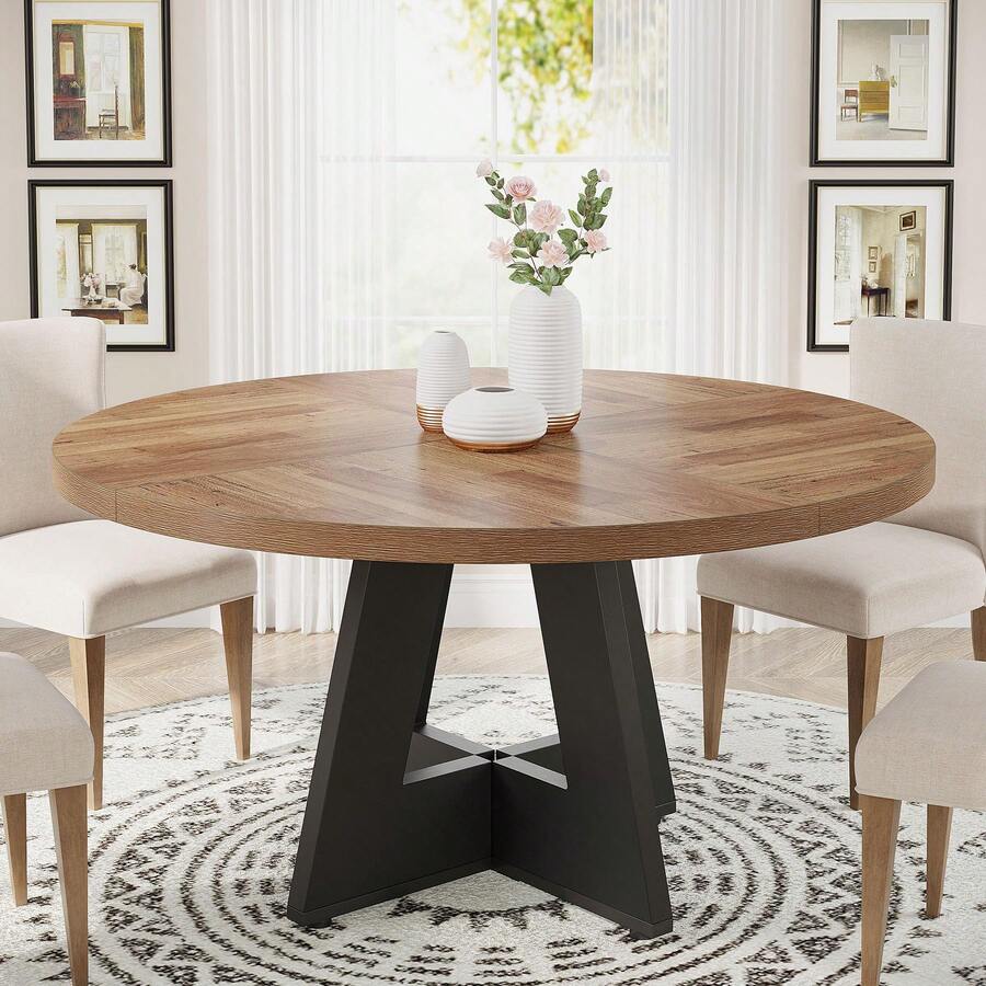 LITTLE TREE Farmhouse Style Round Dining Table With Solid Oak Top, 48 Inch Multi-Purpose Kitchen & Dining Table For 4 People, Rustic Home Furniture (Easy Assembly)