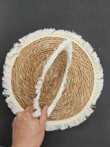 1/4件手工編織香蒲圓形流蘇餐墊，桌面裝飾隔熱墊，波希米亞風廚房裝飾咖啡杯墊 - 薑色 - 查看 7