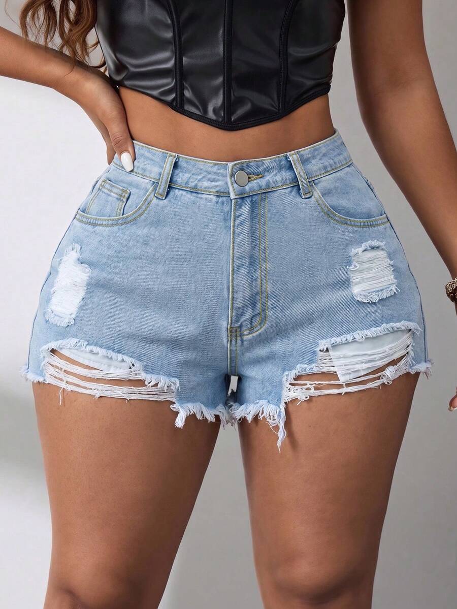 Plus Size Women's Distressed Denim Shorts, Classic Washed Ripped Casual Summer Shorts, Comfortable Fit - Blue - View 1