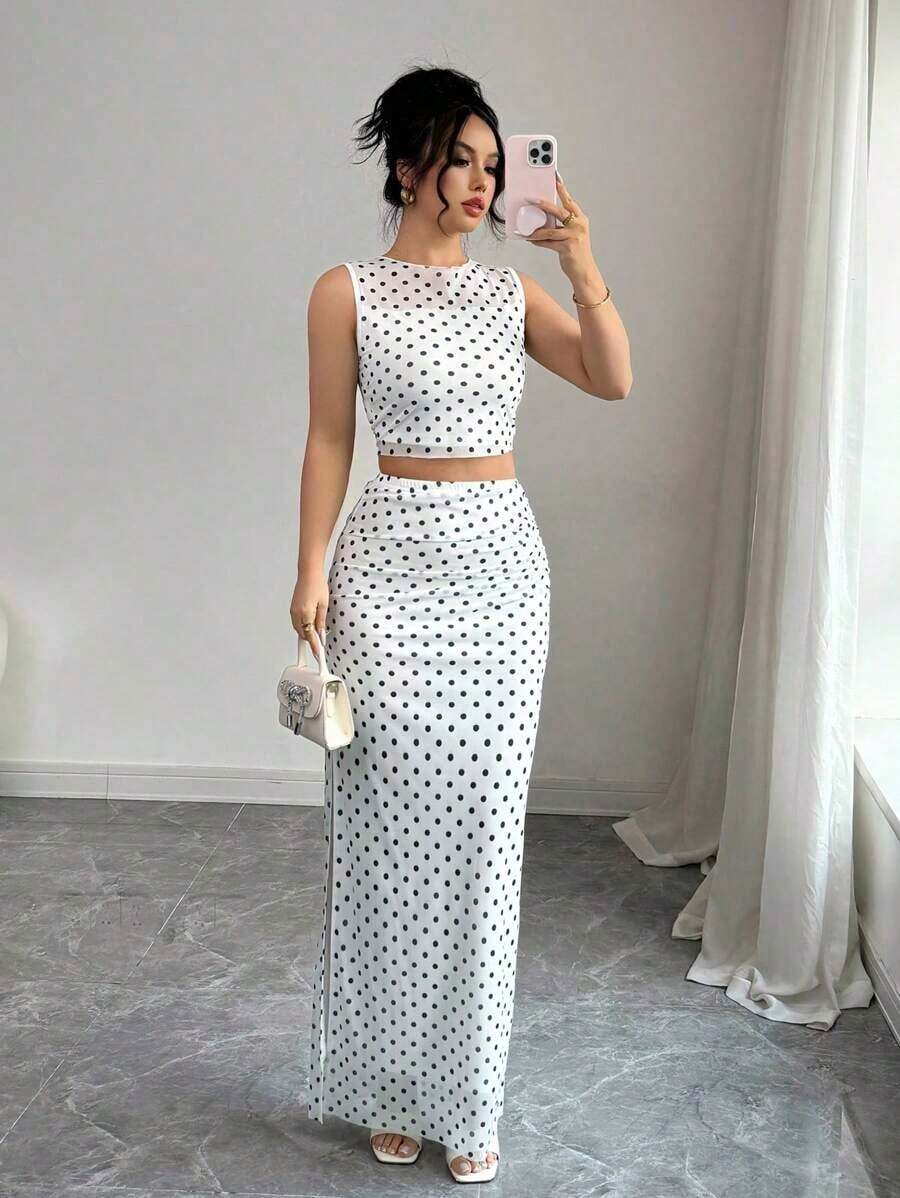 2 piezas Conjunto de top corto sin mangas y falda con estampado de lunares elegante de malla para mujer - Blanco - Ver 1