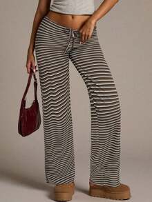 Pantalones de pierna ancha con estampado de rayas y nudo a la cintura de baja altura para mujer, pantalones de verano para mujer, conjunto de verano para mujer, ropa de playa para mujer, pantalones casuales para mujer, pantalones a rayas para mujer, pantalones con cordón, conjunto de verano para mujer - Caqui - Ver 1