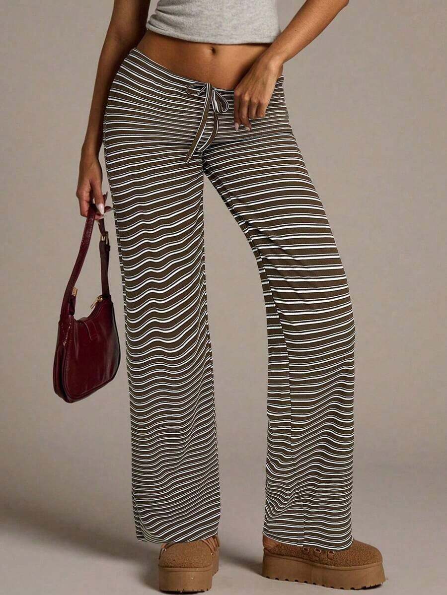 Pantalones de pierna ancha con estampado de rayas y nudo a la cintura de baja altura para mujer, pantalones de verano para mujer, conjunto de verano para mujer, ropa de playa para mujer, pantalones casuales para mujer, pantalones a rayas para mujer, pantalones con cordón, conjunto de verano para mujer - Caqui - Ver 1