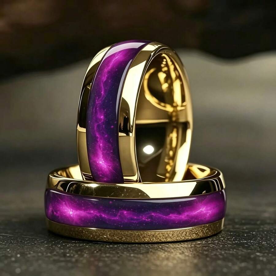 1枚时尚8毫米金色不锈钢男士戒指,圆顶红色和蓝色宝石镶嵌戒指,结婚订婚首饰礼品 - 金色 - 查看 1
