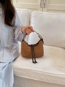 Bolso de playa grande de paja con capacidad vintage, bolso de hombro cruzado de vacaciones - Caqui - Ver 6