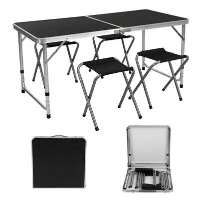 Mesa Plegable Portátil 120 cm con 4 Bancos, Estructura Acero y Plástico, Color Negro para Jardín