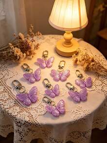 This Butterfly Shaped Keychain Gift Set Includes Acrylic Keychain, Brown Thank You Card, And Purple Organza Pouch, Suitable For Weddings And Parties - Multicolor - View 9