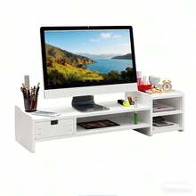 1 cái giá đỡ màn hình văn phòng màu trắng DIY kèm ngăn kéo hộp lưu trữ, giá để bàn phím, kệ nâng máy tính để bàn, khay đựng bút và đồ văn phòng phẩm, kệ lưu trữ để bàn - Hình chữ nhật - Xem 3