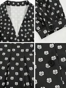 Vestido con Estampado de Rosas Blancas, Botones Frontales y Falda Acampanada, Ideal para Look de Cita, Paseos y Ocasiones Informales - Negro - Ver 6