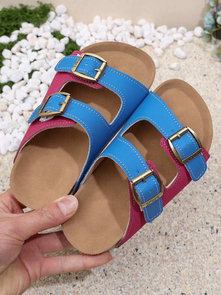 Sandal Datar Anak dengan Tali yang Dapat Diatur, Gesper Logam yang Menonjol, dan Sol Dalam Bertekstur Gabus yang Lembut - Biru - View 1