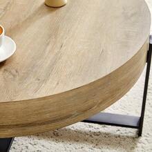 Round Coffee Table (68 Cm Diameter) In Retro Industrial Style. Tabletop Made Of MDF With A Natural Wood Grain, Black Metal Cross Frame, Suitable For Wabi-Sabi/Industrial Style. - Khaki - View 8