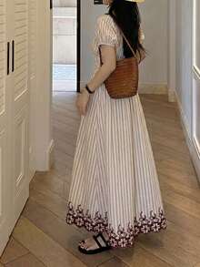 Vestido largo de línea A con mangas abullonadas y bordado en la cintura, estilo urbano y chic para primavera/verano. Atuendo para brunch, invitada de boda, estilo bohemio, outfit para Año Nuevo/Día de San Valentín, elegante, ropa de playa, outfit para Acción de Gracias, vestido de graduación - Café - Ver 5