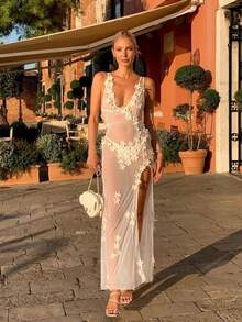 Sensual Short Dress With Deep Neckline, Sheer Mesh And Open Back - White - View 3