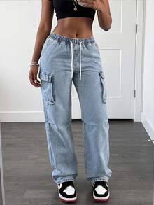 Women's High Waist Cargo Jeans With Ripped Detail, Retro Street Style, Versatile Denim Pants - Light Washed Blue 1 - View 3