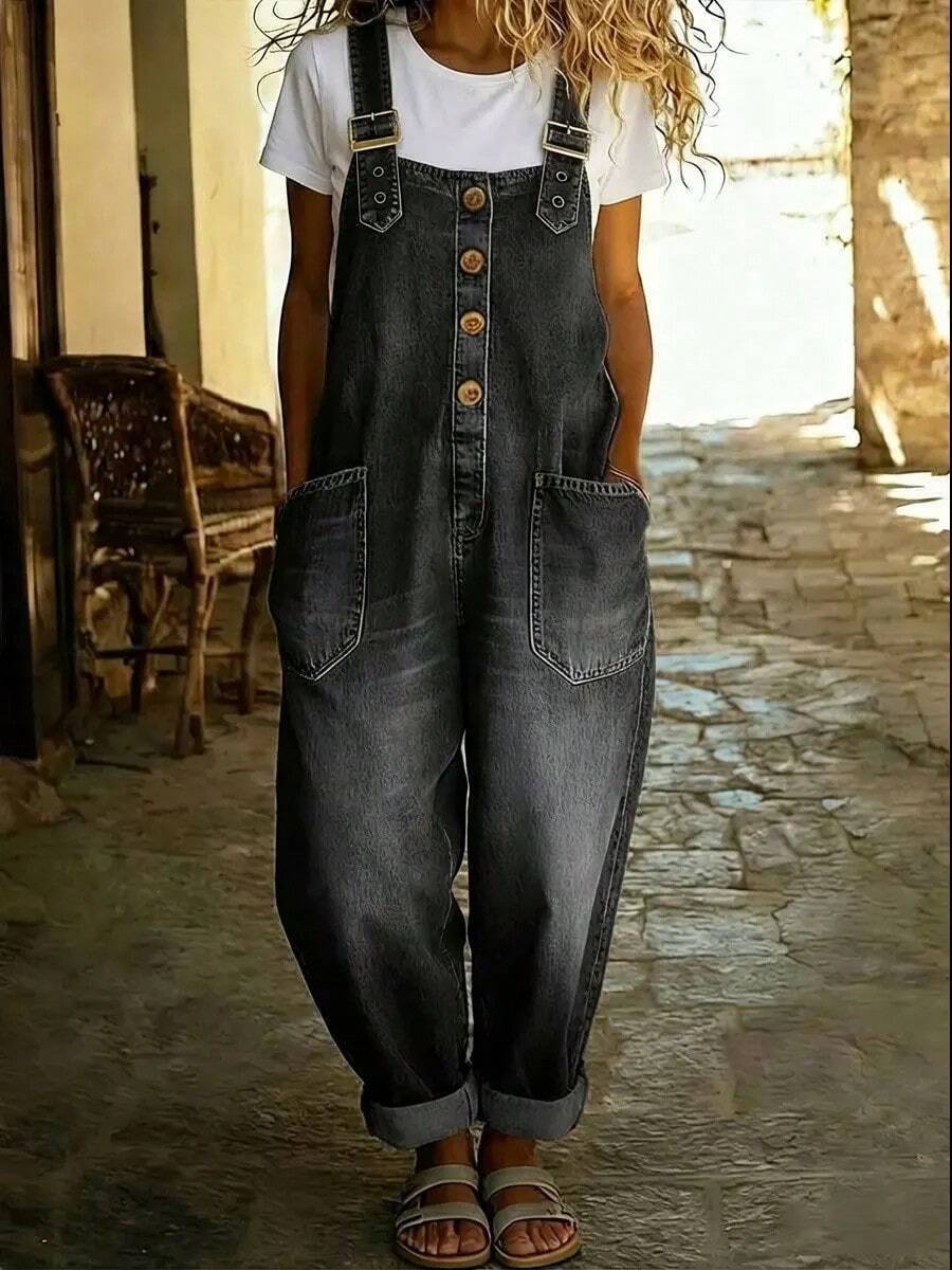 Women's Denim Overalls Jumpsuit, Loose Wide Leg Jeans With Adjustable Straps And Pockets, Vacation Outfits Women For Fall Streetwear - 黑色 - 查看 1