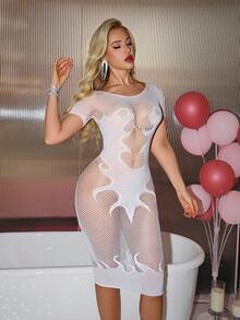 Retro Wine Red Bodycon Mesh Bodysuit With Cut Out Details High Waist Seamless Thigh High Sheer Dress Women Fashion Clubwear Night Out Outfit TDZL - 酒紅 - 查看 8