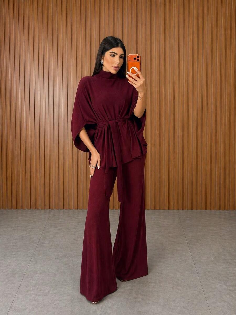 Women's Tailored Set With Wide-Leg Pants And Loose-Sleeved Blouse - Elegant Fashion Blogger 2026 - Gỗ đỏ - Xem 1