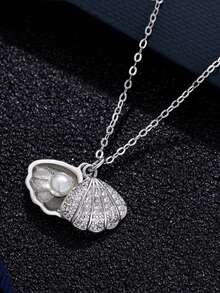 1 chiếc mặt dây chuyền hình vỏ sò và ngọc trai có thể mở được, mạ vàng đính đá Cubic Zirconia, kiểu dáng đại dương, phụ kiện dành cho nữ đeo hàng ngày và dự tiệc. - vòng cổ vỏ sò và ngọc trai - Xem 3