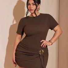 Plus Size Women's Brown Short Sleeve Gold Metal Button Decor Dress, Summer Beach Vacation Dress,Party,Elegant,Wedding,Graduation,Music Festival,Concert,Dresses For Women,Maxi Dress,Birthday Dresses For Women,Summer Dresses,Wedding Guest Dress Women ,Summer Dress,Wedding Guest Dress Women,Dress,Prom Dress,Beach Dress,Summer Dresses,Vacation Outfits Women,Easter Dresses For Women,Plus Size Woman Dresses,Plus Size Woman Dresses,Dresses For Women Plus Size,Dresses For Women Plus Size, Spri - Marrón - Ver 4