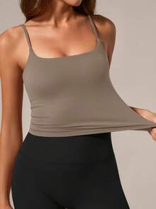 TimeOff 1pc Women Solid Color Spaghetti Strap Backless Camisole With Chest Pads Sports - Coffee Brown - View 10