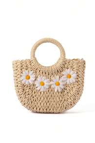 Trivaya Mini Straw Woven Crossbody Shoulder Bag Daisy Decor Purse Handbag Summer Bag,Perfect For Summer Beach Travel Vacation - Beige - View 5