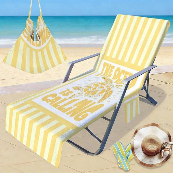 1pc 210x75cm Yellow & White Striped Sea Turtle Lounge Chair Cover, Absorbent - Quick Dry, Lightweight Towel With Pocket, Suitable For Pool, Beach, Camping And Picnic, Beach Towel Lounge Chair Cover | Modern Beach Towel | Durable Beach Mat, Beach Towel