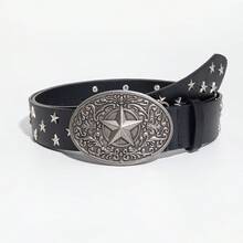 1pc Women's Engraved Metal Buckle Rivet Star Y2K PU Leather Belt, Western Style Suitable For Commuting - Black - View 8