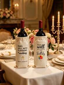 3pcs Wine Gift Bag Set With "Blessing" Tag, Linen Drawstring Wine Bottle Cover, Reusable Wine Bag Suitable For Wedding, Birthday, Party - MultiWarna - View 2