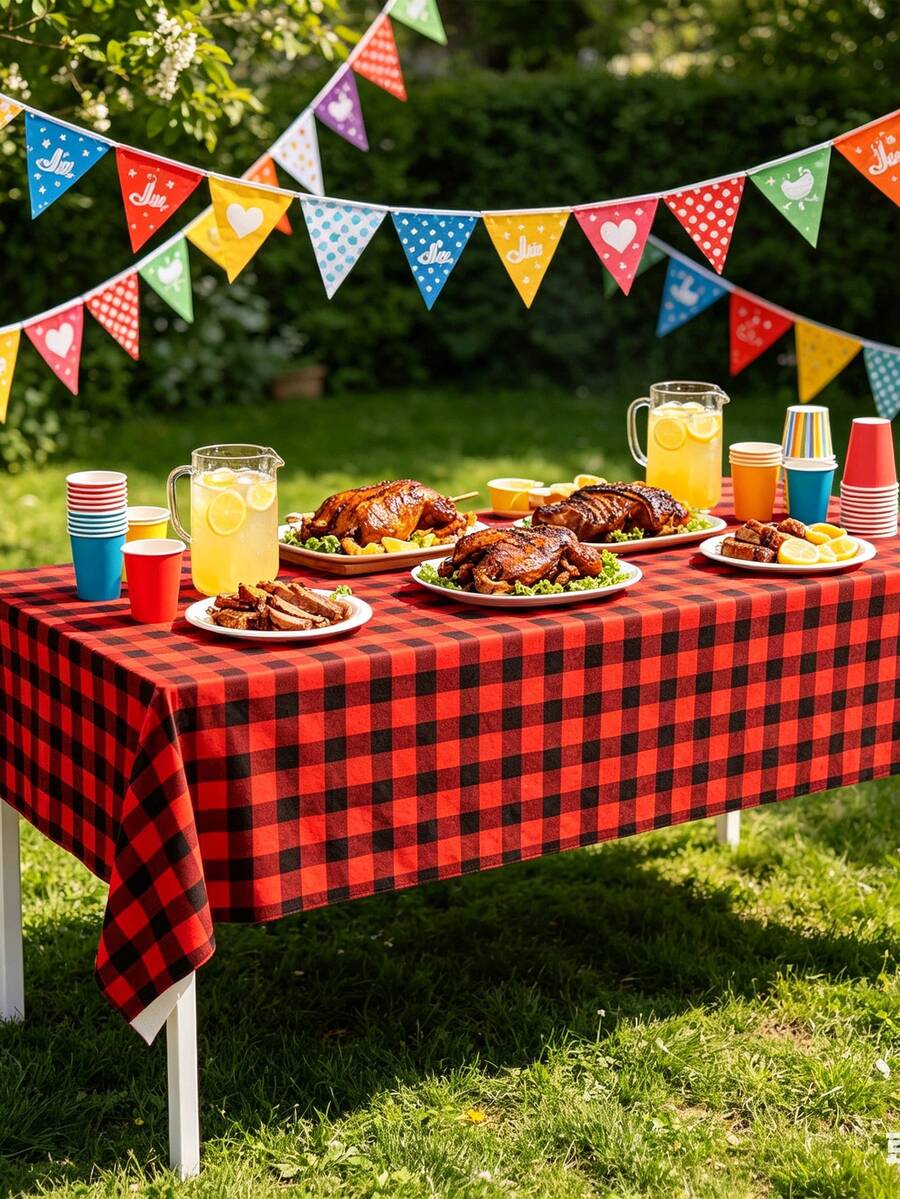 3pcs Disposable Rectangular Tablecloth | Black & Red Plaid Pattern, 54*108 Inches, PE Material, Reusable And Wipe Clean. Perfect For Christmas, New Year, Valentine's Day, Easter, Thanksgiving, Halloween, Seasonal Rustic Decor And Camping Party Supplies. - Multiple Styles - View 1