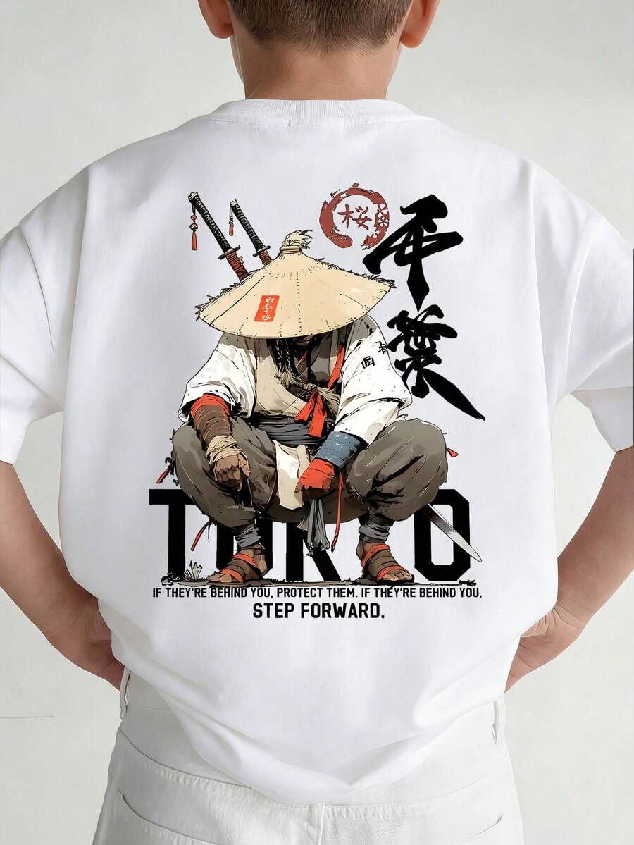 男童夏季休闲樱花印花短袖T恤,简约百搭宽松圆领柔软透气户外T恤,艺术花卉字母设计,甜美时尚大童服装 - 白色 - 查看 1