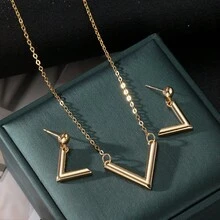 VKME 1 Set de Collar y Aretes de Metal y Material Flexible de Lujo con Forma de V - XH92824346 - Ver 4