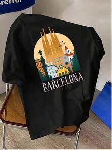 Summer T-Shirts: A Stylish Men's T-Shirt With An Urban Theme And A 'Barcelona, Spain' Print. It's The Perfect Choice For Parties Or Gifts, Suitable For All Seasons And Can Be Machine Washed Or Dry Cleaned. Cotton T-Shirt, Women's Top. - Black - View 5