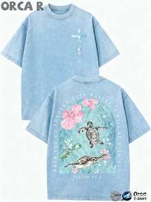 2026 Summer Clothes(230g T-Shirt) Loose Washed Cotton "When You Go Through Deep Waters" Turtle Graphic T-Shirt, Comfortable Christian Faith Tee With - 淺藍色 - 查看 9