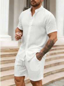 Men's Fine Set With Mandarin Collar + Plain Crepe Shorts - 白色 - 查看 1