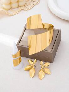 4 piezas Elegante conjunto de joyería de pulsera, anillo y aretes con diseño floral y hojas geométricas en color dorado, hecho de metal grueso y brillante, adecuado para mujeres - Amarillo Oro - Ver 6